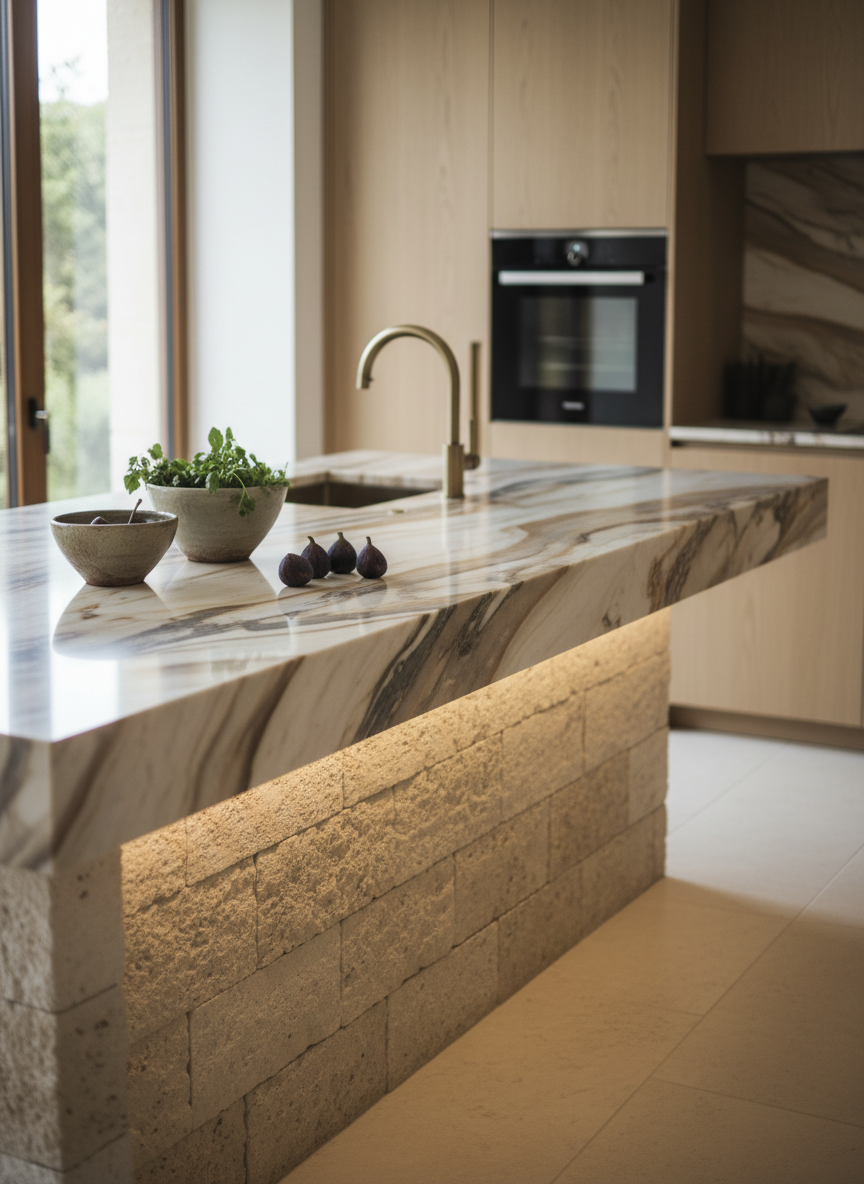 Stone kitchen island with veined marble countertop