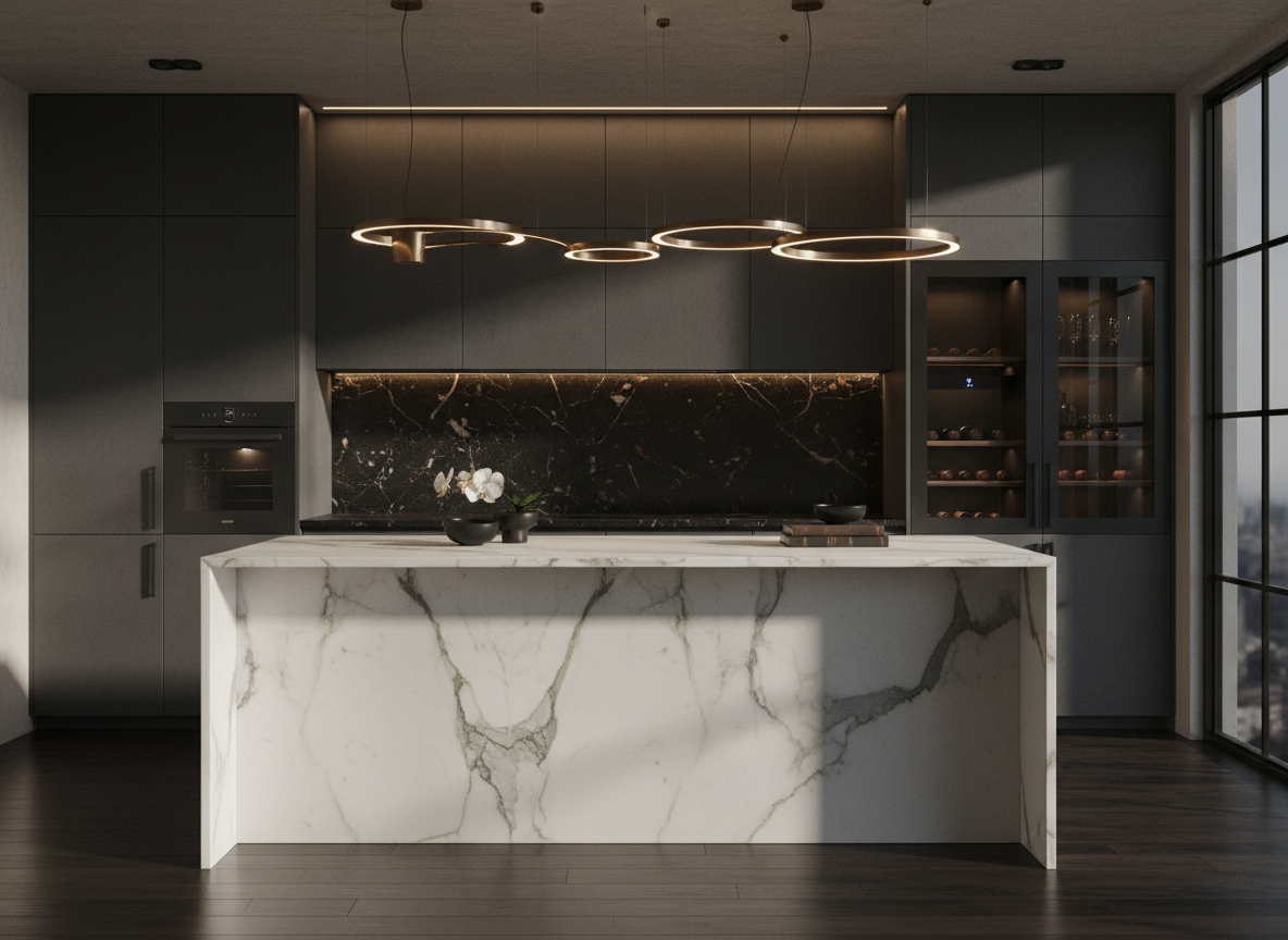 Luxury dark kitchen with white marble waterfall island