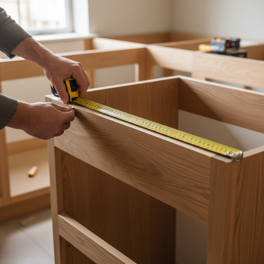 Close-up photograph of a person's hands holding a metal tape measure flat along the top surface of kitchen base cabinets, measuring from the top edge. The tape measure is pulled taut across the top of the cabinet, viewed slightly from above at a natural angle. Warm wood-toned cabinets, no countertop installed yet. Natural light from a window, realistic and editorial — not AI-looking, no CGI. Shallow depth of field, the measuring tape and cabinet top edge are sharp and in focus. Photorealistic, candid feel.